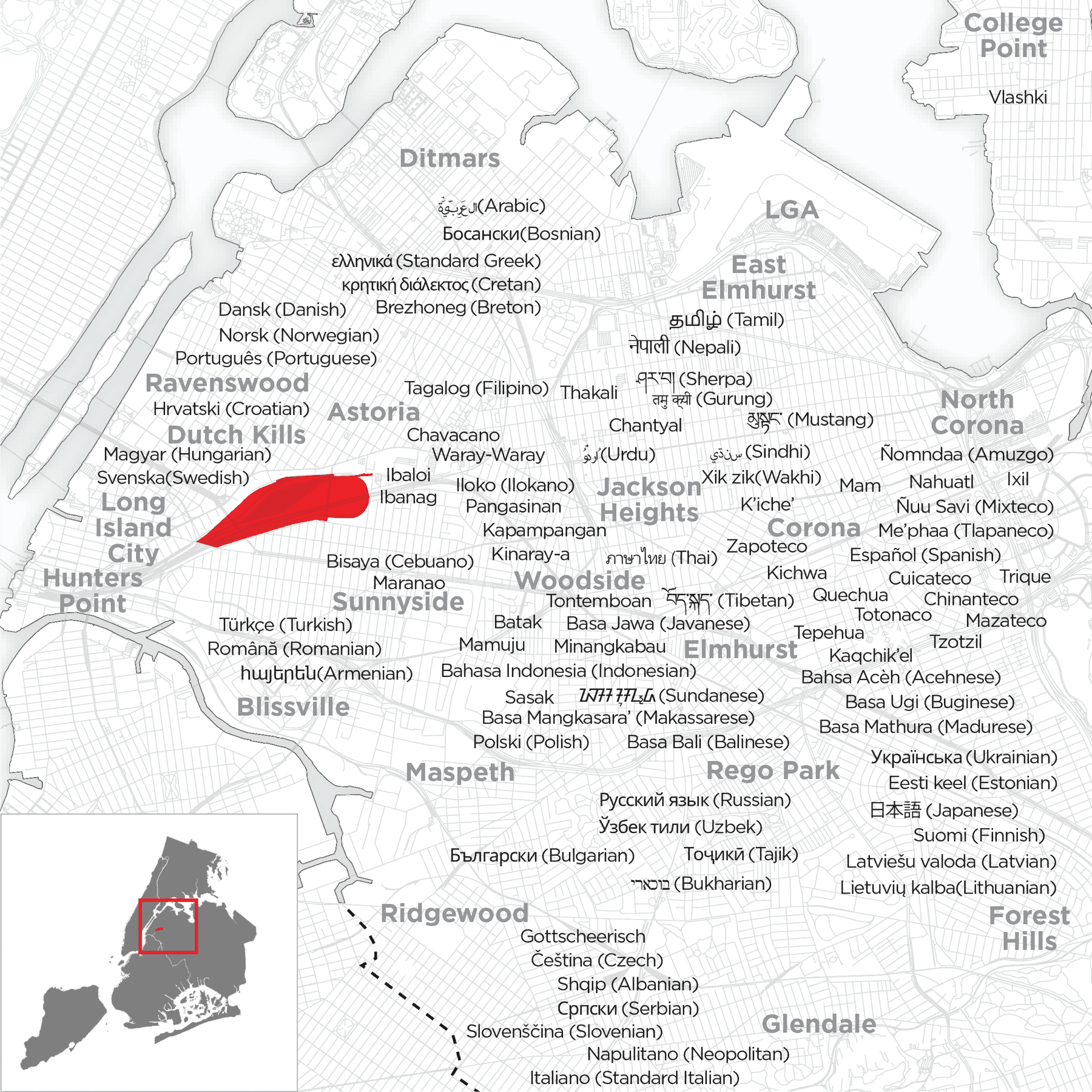 다른 언어로 표시한 퀸즈 지도